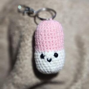 Handmade Cute Kawaii Pink And White Crochet Pill Keychain